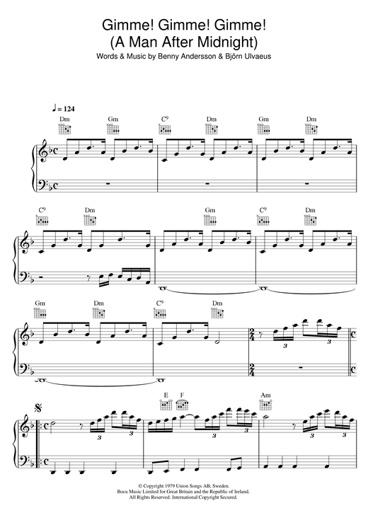 Preview ABBA Gimme! Gimme! Gimme! (A Man After Midnight) Pop sheet music, notes and chords for Ukulele, SKU: 89184 sheet music, piano notes, chords, guitar tabs, score, transpose, transcribe, how to play, guide, download, learn, tutorial, progression, song, artist, awards, billboard, mtv, vh1, tour, single, album, release