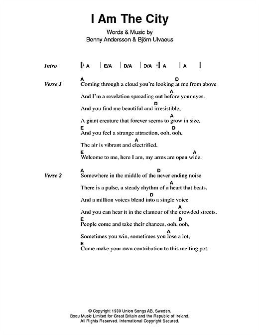 Download ABBA I Am The City sheet music and printable PDF score & Pop music notes