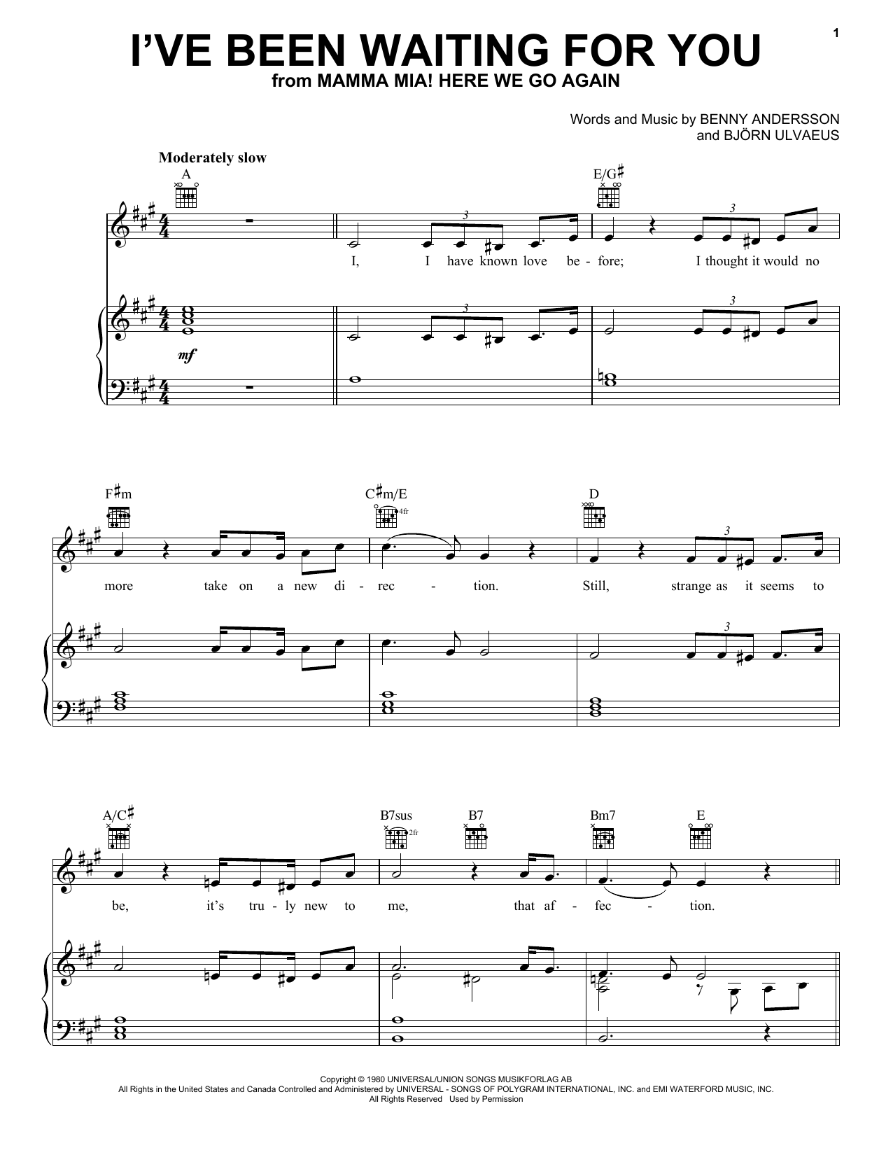 Preview ABBA I've Been Waiting For You (from Mamma Mia! Here We Go Again) Musicals sheet music, notes and chords for Piano, Vocal & Guitar (Right-Hand Melody), SKU: 254809 sheet music, piano notes, chords, guitar tabs, score, transpose, transcribe, how to play, guide, download, learn, tutorial, progression, song, artist, awards, billboard, mtv, vh1, tour, single, album, release