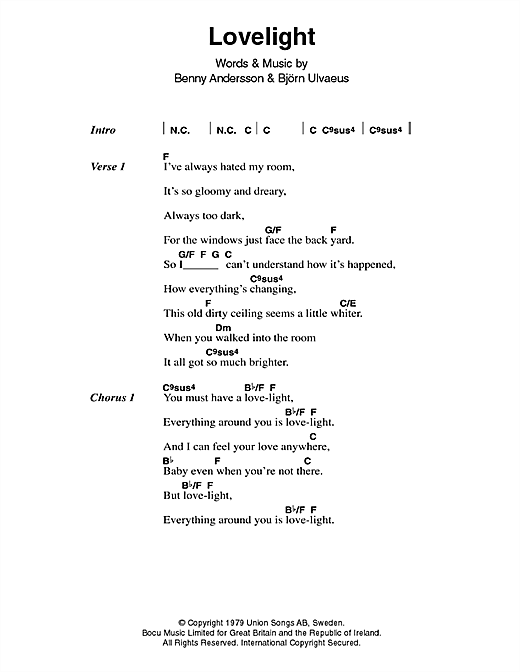 Download ABBA Lovelight sheet music and printable PDF score & Pop music notes