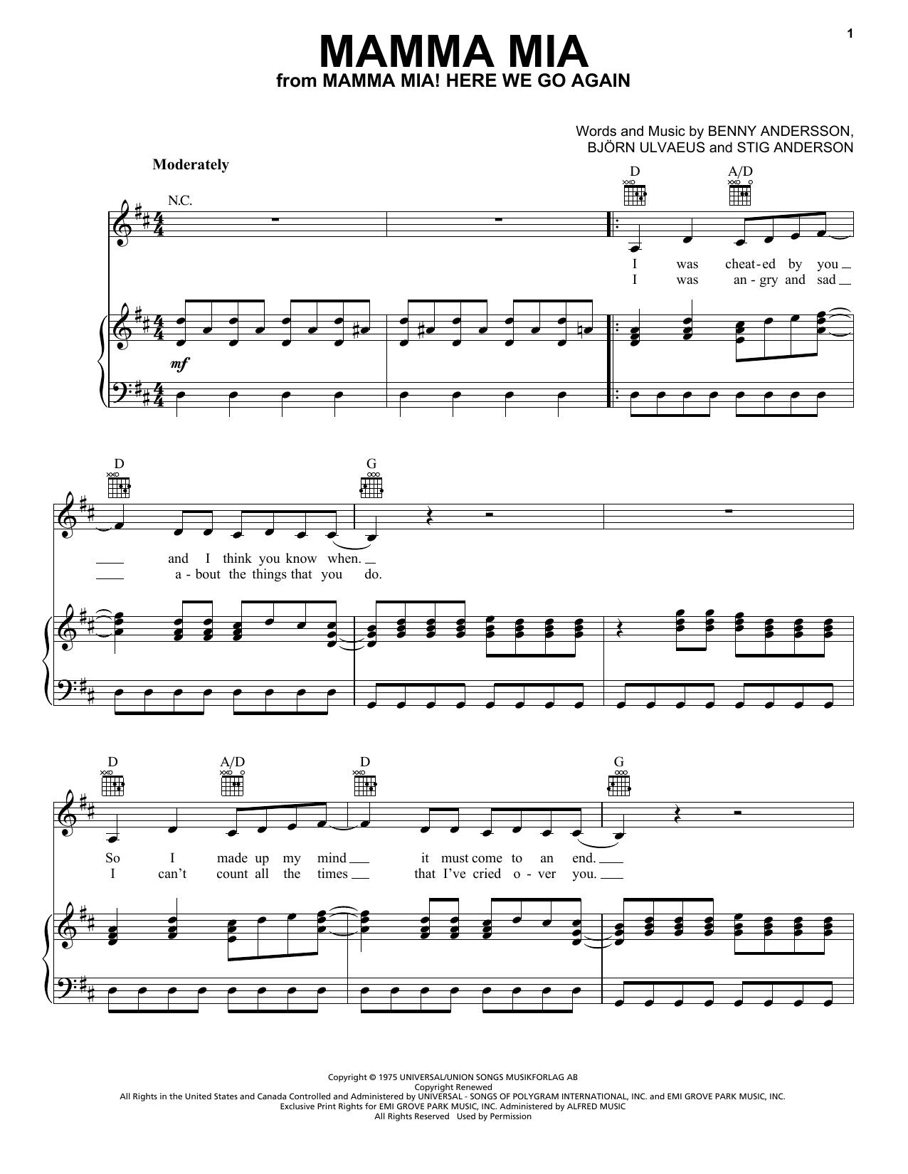 Preview ABBA Mamma Mia (from Mamma Mia! Here We Go Again) Musicals sheet music, notes and chords for Piano, Vocal & Guitar (Right-Hand Melody), SKU: 254810 sheet music, piano notes, chords, guitar tabs, score, transpose, transcribe, how to play, guide, download, learn, tutorial, progression, song, artist, awards, billboard, mtv, vh1, tour, single, album, release