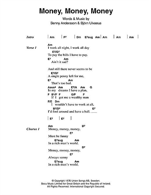 Download ABBA Money, Money, Money sheet music and printable PDF score & Pop music notes