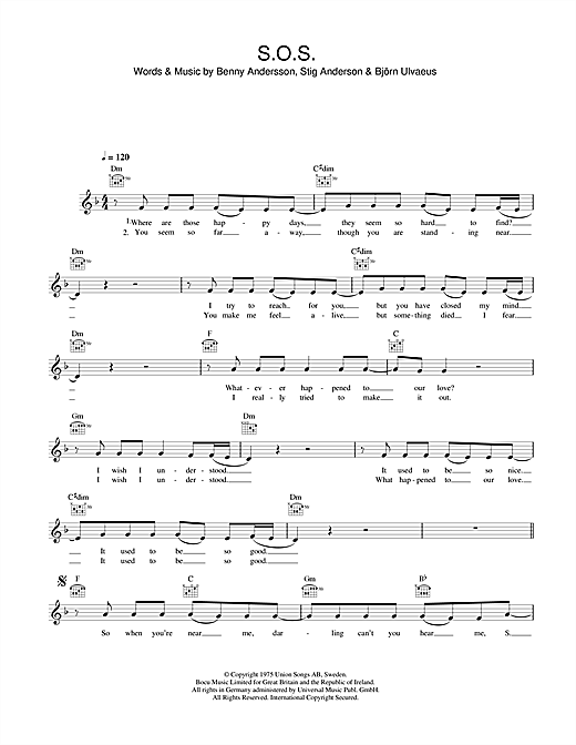 Download ABBA S.O.S. sheet music and printable PDF score & Pop music notes