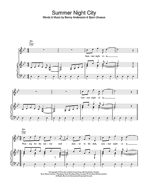 Preview ABBA Summer Night City Pop sheet music, notes and chords for Piano, Vocal & Guitar (Right-Hand Melody), SKU: 18014 sheet music, piano notes, chords, guitar tabs, score, transpose, transcribe, how to play, guide, download, learn, tutorial, progression, song, artist, awards, billboard, mtv, vh1, tour, single, album, release