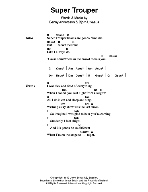 Download ABBA Super Trouper sheet music and printable PDF score & Pop music notes