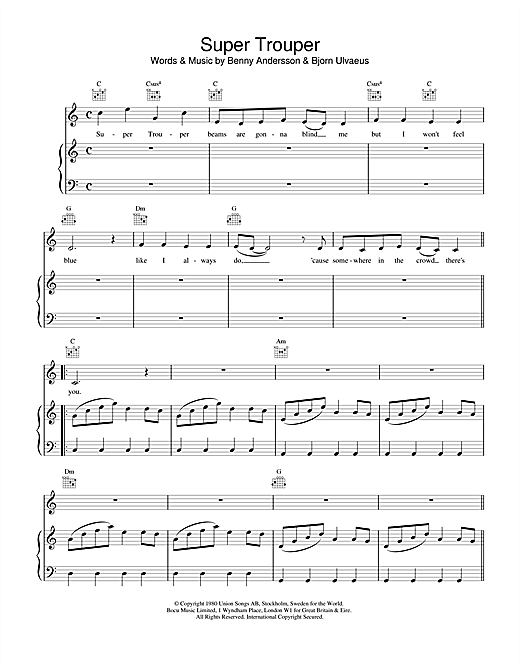 Preview ABBA Super Trouper Pop sheet music, notes and chords for SATB, SKU: 121458 sheet music, piano notes, chords, guitar tabs, score, transpose, transcribe, how to play, guide, download, learn, tutorial, progression, song, artist, awards, billboard, mtv, vh1, tour, single, album, release