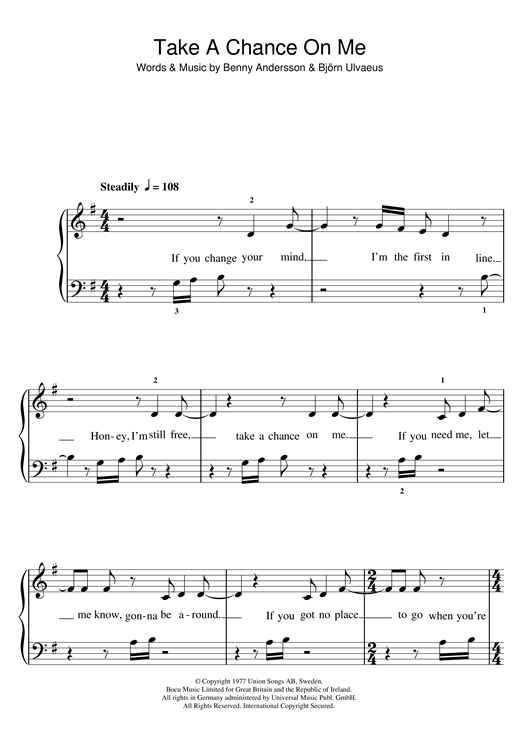 Preview ABBA Take A Chance On Me Pop sheet music, notes and chords for Ukulele, SKU: 89188 sheet music, piano notes, chords, guitar tabs, score, transpose, transcribe, how to play, guide, download, learn, tutorial, progression, song, artist, awards, billboard, mtv, vh1, tour, single, album, release