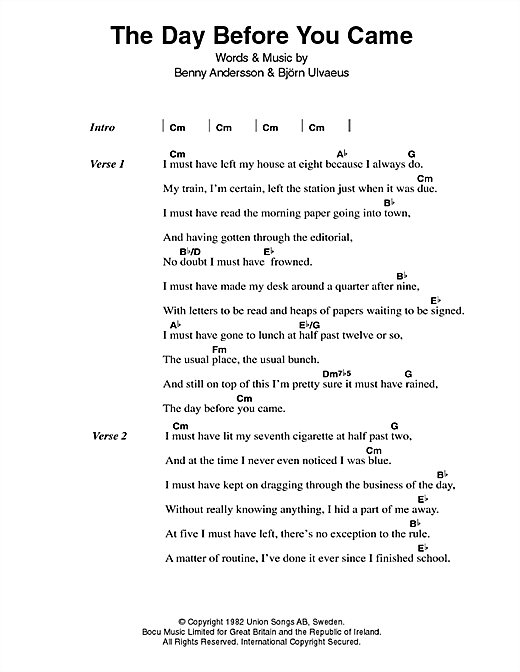 Download ABBA The Day Before You Came sheet music and printable PDF score & Pop music notes