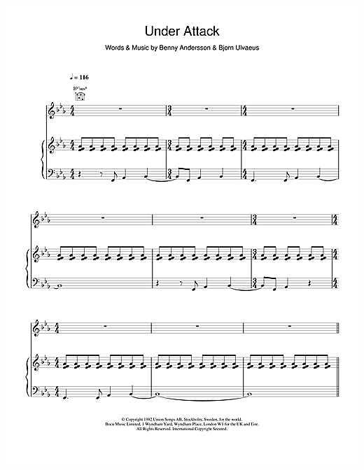 Preview ABBA Under Attack Pop sheet music, notes and chords for Piano, Vocal & Guitar (Right-Hand Melody), SKU: 18016 sheet music, piano notes, chords, guitar tabs, score, transpose, transcribe, how to play, guide, download, learn, tutorial, progression, song, artist, awards, billboard, mtv, vh1, tour, single, album, release