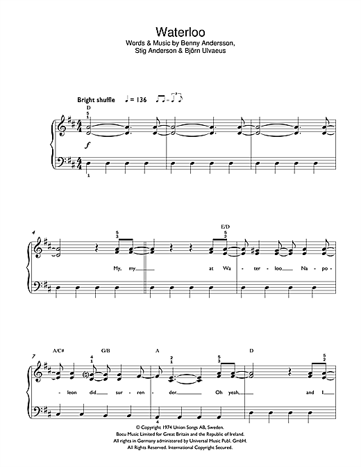 Download ABBA Waterloo sheet music and printable PDF score & Pop music notes