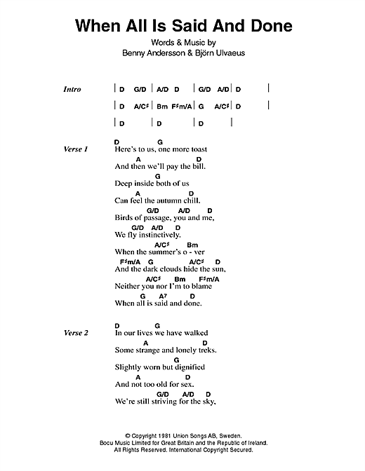 Download ABBA When All Is Said And Done sheet music and printable PDF score & Pop music notes
