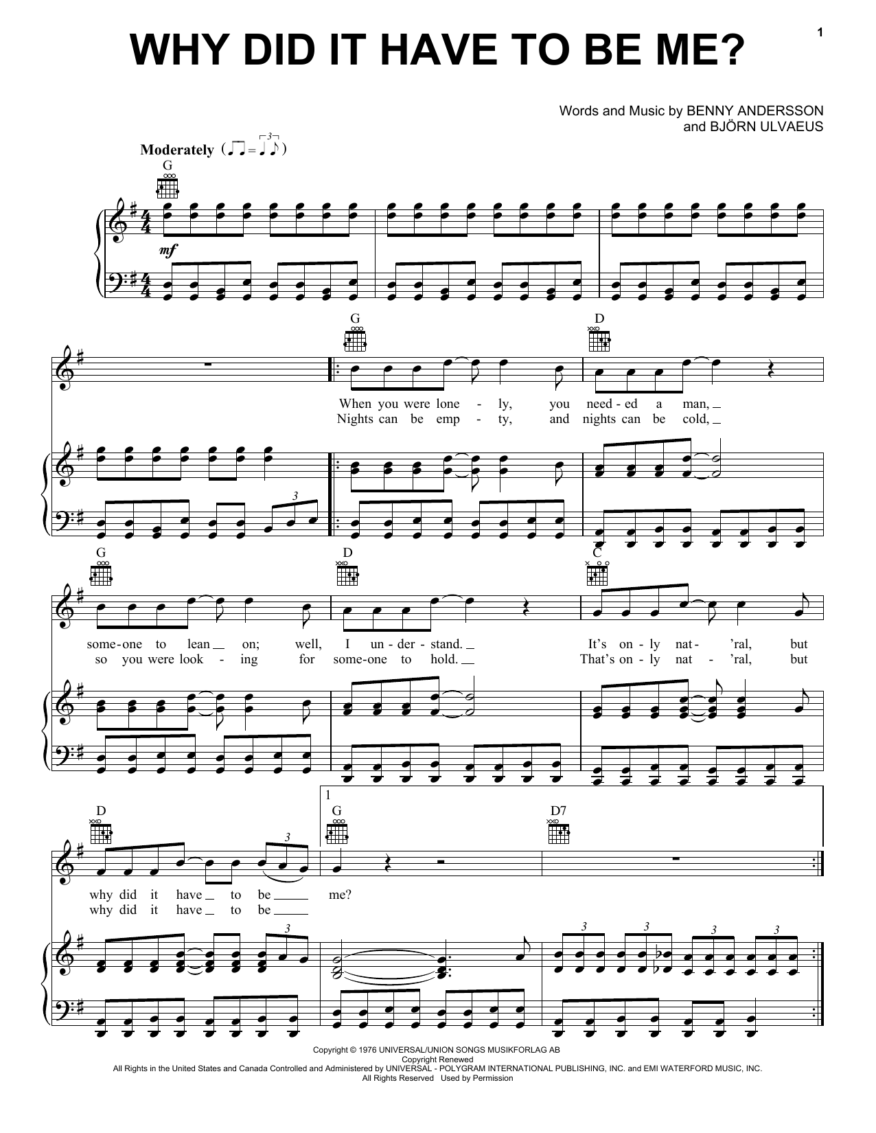 Preview ABBA Why Did It Have To Be Me? (from Mamma Mia! Here We Go Again) Musicals sheet music, notes and chords for Piano, Vocal & Guitar (Right-Hand Melody), SKU: 254808 sheet music, piano notes, chords, guitar tabs, score, transpose, transcribe, how to play, guide, download, learn, tutorial, progression, song, artist, awards, billboard, mtv, vh1, tour, single, album, release