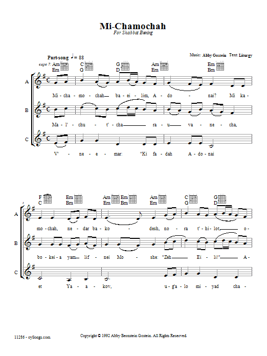 Preview Abby Gostein Mi Chamochah Religious sheet music, notes and chords for Melody Line, Lyrics & Chords, SKU: 66214 Download Abby Gostein Mi Chamochah sheet music and printable PDF score & Religious music notes