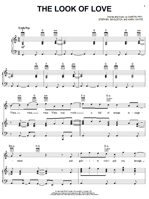 Preview ABC The Look Of Love Pop sheet music, notes and chords for Piano, Vocal & Guitar (Right-Hand Melody), SKU: 62907 sheet music, piano notes, chords, guitar tabs, score, transpose, transcribe, how to play, guide, download, learn, tutorial, progression, song, artist, awards, billboard, mtv, vh1, tour, single, album, release