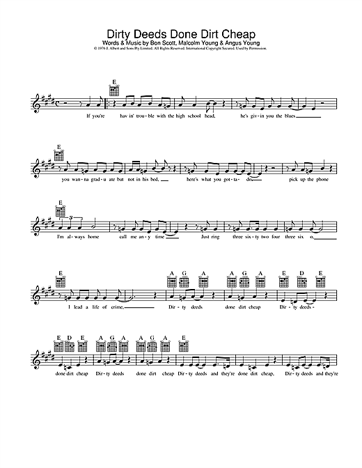 Preview AC/DC Dirty Deeds Done Dirt Cheap Pop sheet music, notes and chords for Easy Guitar Tab, SKU: 75672 Download AC/DC Dirty Deeds Done Dirt Cheap sheet music and printable PDF score & Pop music notes