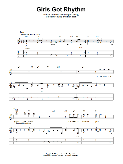 Preview AC/DC Girls Got Rhythm Pop sheet music, notes and chords for Piano, Vocal & Guitar (Right-Hand Melody), SKU: 76189 Download AC/DC Girls Got Rhythm sheet music and printable PDF score & Pop music notes