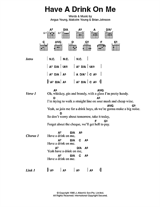 Preview AC/DC Have A Drink On Me Pop sheet music, notes and chords for Easy Guitar Tab, SKU: 75688 Download AC/DC Have A Drink On Me sheet music and printable PDF score & Pop music notes