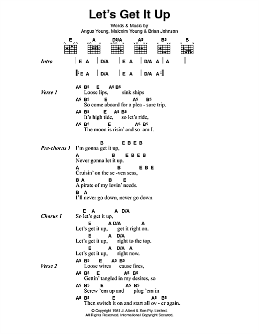 Preview AC/DC Let's Get It Up Pop sheet music, notes and chords for Piano, Vocal & Guitar (Right-Hand Melody), SKU: 76199 Download AC/DC Let's Get It Up sheet music and printable PDF score & Pop music notes