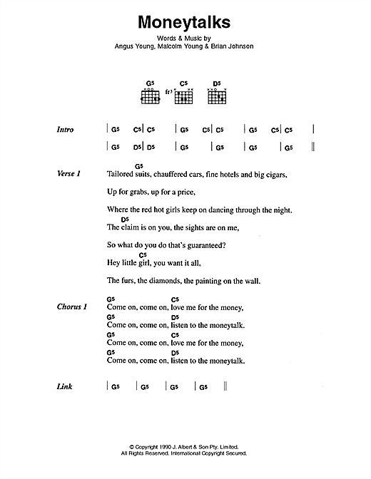 Preview AC/DC Moneytalks Pop sheet music, notes and chords for Easy Guitar Tab, SKU: 75689 Download AC/DC Moneytalks sheet music and printable PDF score & Pop music notes