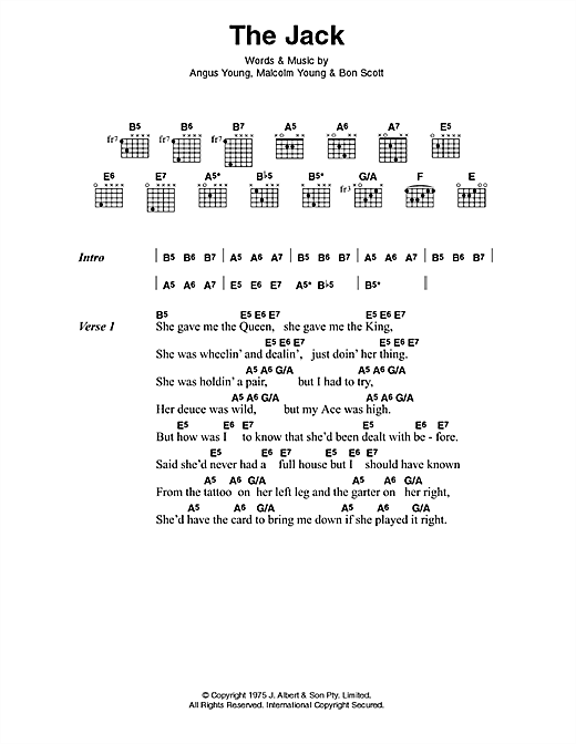 Preview AC/DC The Jack Pop sheet music, notes and chords for Piano, Vocal & Guitar (Right-Hand Melody), SKU: 76188 Download AC/DC The Jack sheet music and printable PDF score & Pop music notes