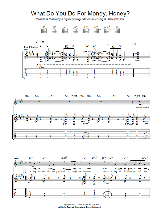 AC/DC What Do You Do For Money, Honey? Sheet Music & Chords for Ukulele with strumming patterns - Download or Print PDF