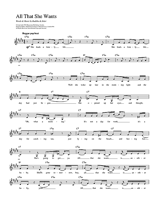 Download Ace Of Base All That She Wants sheet music and printable PDF score & Pop music notes