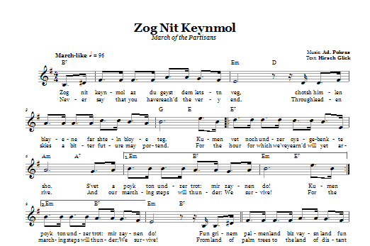 Preview Ad. Pokras Zog Nit Keynmol (March Of The Partisans) Religious sheet music, notes and chords for Melody Line, Lyrics & Chords, SKU: 66410 Download Ad. Pokras Zog Nit Keynmol (March Of The Partisans) sheet music and printable PDF score & Religious music notes