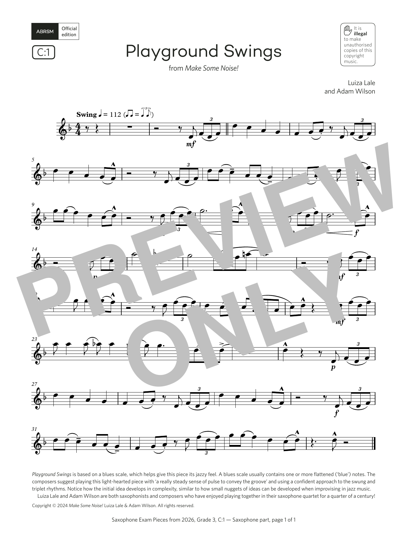 Adam Wilson Playground Swings (Grade 3, list C1, from the ABRSM Saxophone Syllabus from 2026) Sheet Music & Chords for Alto Sax Solo - Download or Print PDF