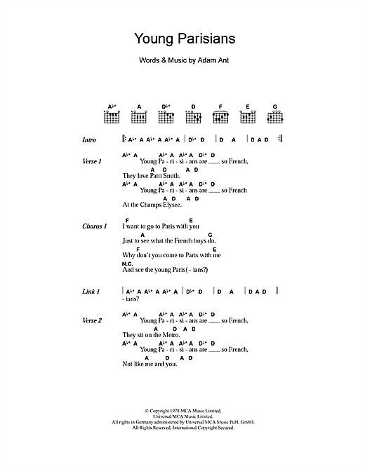 Download Adam and the Ants Young Parisians sheet music and printable PDF score & Pop music notes