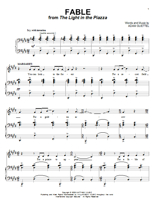 Preview Adam Guettel Fable (from The Light In The Piazza) Broadway sheet music, notes and chords for Piano, Vocal & Guitar (Right-Hand Melody), SKU: 63228 Download Adam Guettel Fable (from The Light In The Piazza) sheet music and printable PDF score & Broadway music notes