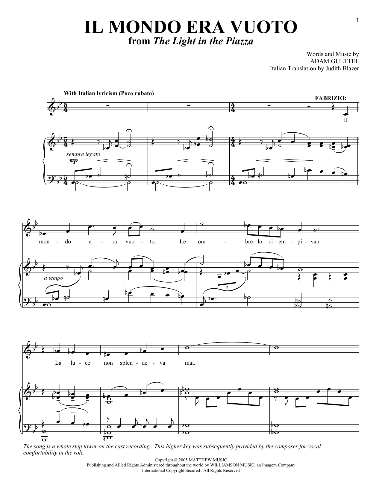 Preview Adam Guettel Il Mondo Era Vuoto (from The Light In The Piazza) Broadway sheet music, notes and chords for Piano & Vocal, SKU: 63188 Download Adam Guettel Il Mondo Era Vuoto (from The Light In The Piazza) sheet music and printable PDF score & Broadway music notes