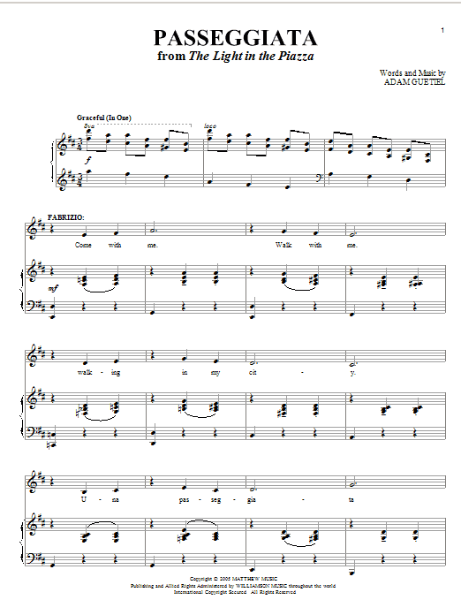 Preview Adam Guettel Passeggiata (from The Light In The Piazza) Broadway sheet music, notes and chords for Piano & Vocal, SKU: 63187 Download Adam Guettel Passeggiata (from The Light In The Piazza) sheet music and printable PDF score & Broadway music notes