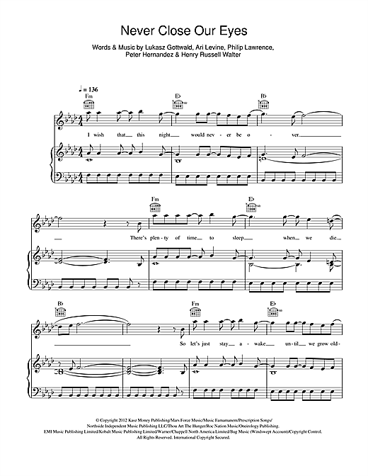 Preview Adam Lambert Never Close Our Eyes Dance sheet music, notes and chords for Piano, Vocal & Guitar (Right-Hand Melody), SKU: 114449 sheet music, piano notes, chords, guitar tabs, score, transpose, transcribe, how to play, guide, download, learn, tutorial, progression, song, artist, awards, billboard, mtv, vh1, tour, single, album, release
