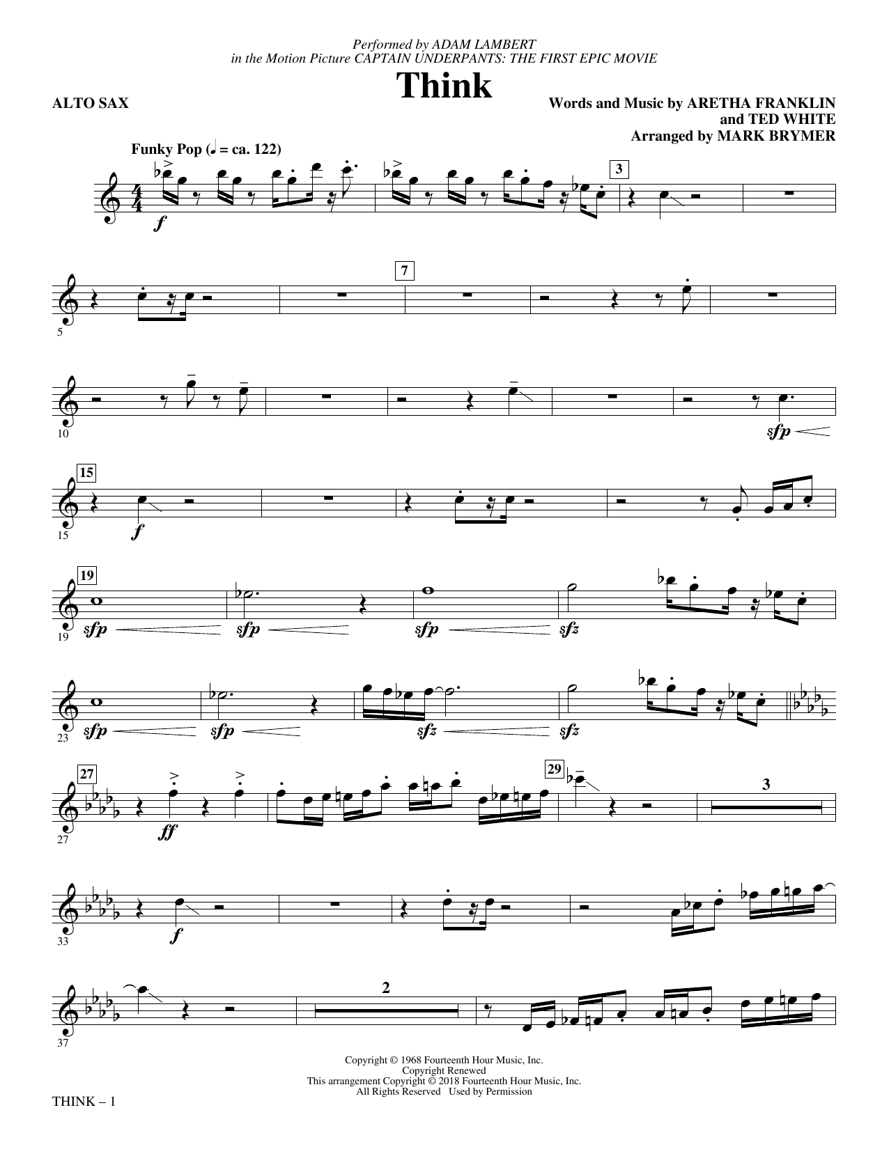 Adam Lambert Think From Captain Underpants The First Epic Movie Arr Mark Brymer Alto Sax Sheet Music Download Printable Jazz Pdf Choir Instrumental Pak Score Sku 403245