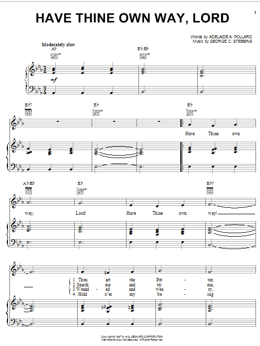 Preview Adelaide A. Pollard Have Thine Own Way, Lord Hymn sheet music, notes and chords for Piano, Vocal & Guitar (Right-Hand Melody), SKU: 16687 sheet music, piano notes, chords, guitar tabs, score, transpose, transcribe, how to play, guide, download, learn, tutorial, progression, song, artist, awards, billboard, mtv, vh1, tour, single, album, release