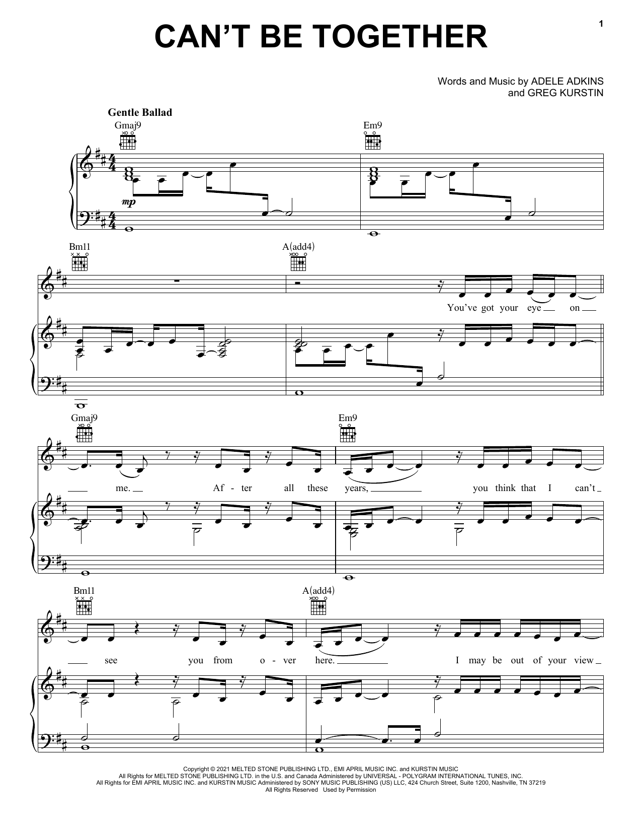 Preview Adele Can't Be Together Pop sheet music, notes and chords for Piano, Vocal & Guitar Chords (Right-Hand Melody), SKU: 526097 Download Adele Can't Be Together sheet music and printable PDF score & Pop music notes