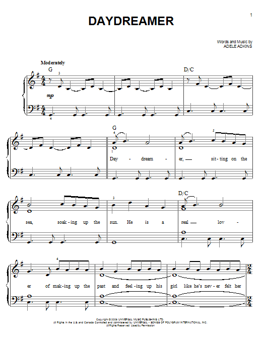 Download Adele Daydreamer sheet music and printable PDF score & Pop music notes