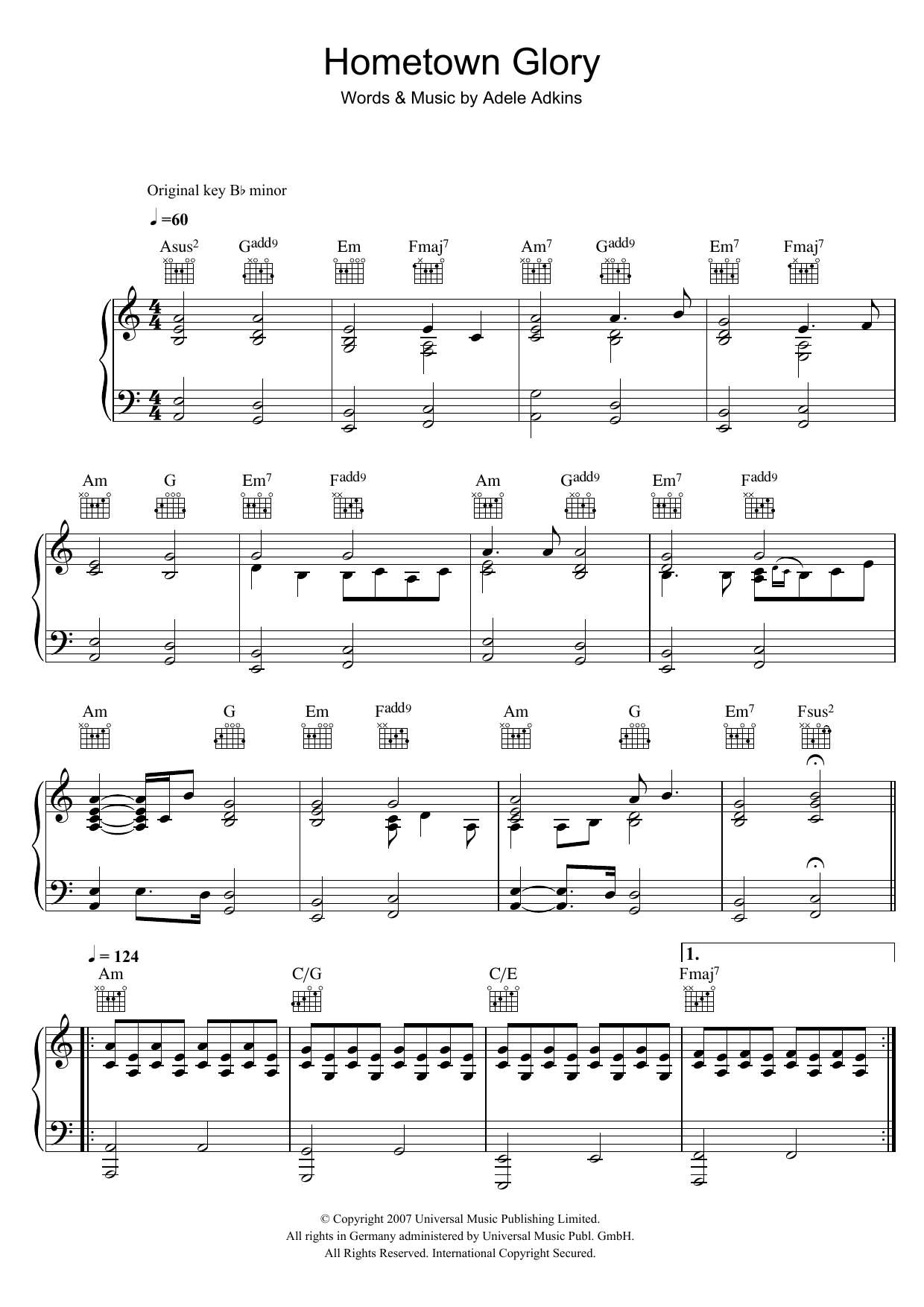 Download Adele Hometown Glory sheet music and printable PDF score & Pop music notes