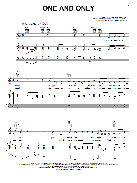 Download Adele One And Only sheet music and printable PDF score & Pop music notes
