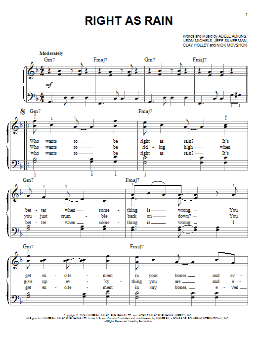 Download Adele Right As Rain sheet music and printable PDF score & Pop music notes