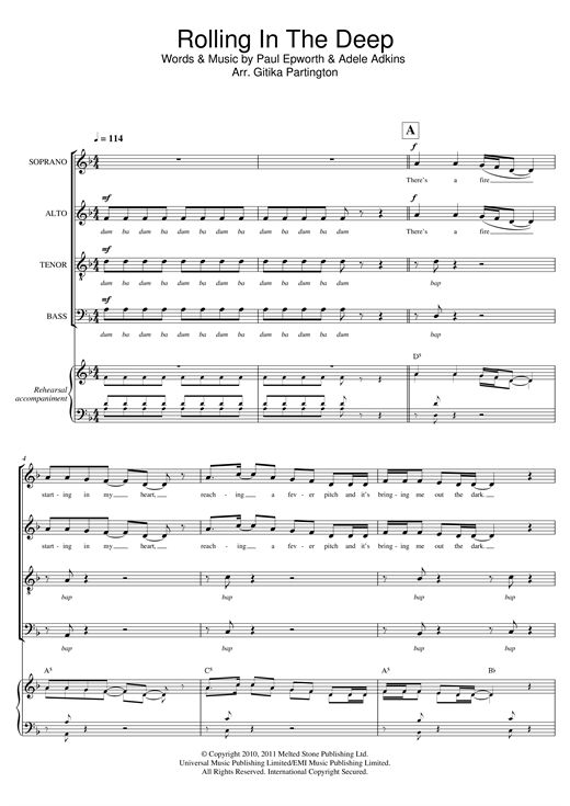 Preview Adele Rolling In The Deep (arr. Gitika Partington) Pop sheet music, notes and chords for SATB, SKU: 121348 sheet music, piano notes, chords, guitar tabs, score, transpose, transcribe, how to play, guide, download, learn, tutorial, progression, song, artist, awards, billboard, mtv, vh1, tour, single, album, release