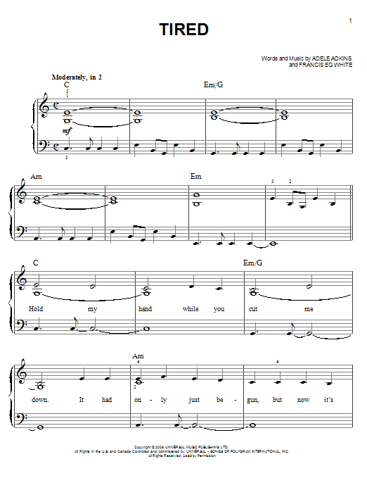 Download Adele Tired sheet music and printable PDF score & Pop music notes
