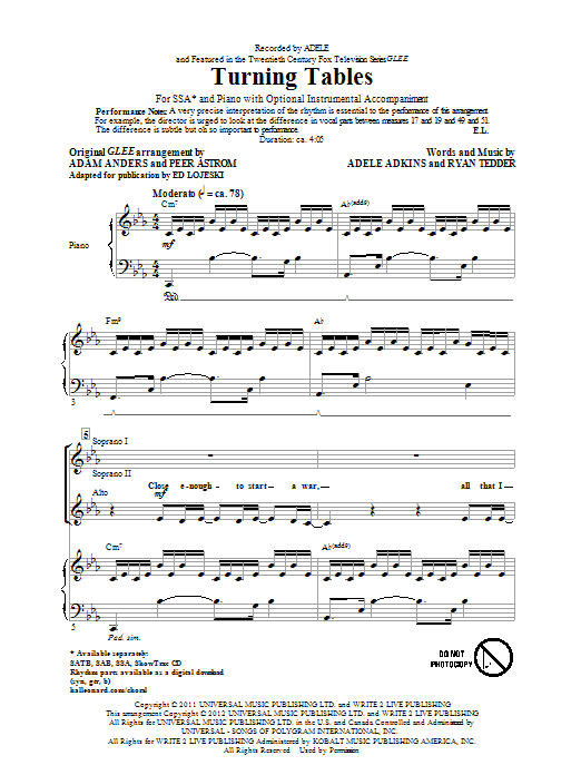 Preview Adele Turning Tables (arr. Ed Lojeski) Rock sheet music, notes and chords for SAB, SKU: 89938 Download Adele Turning Tables (arr. Ed Lojeski) sheet music and printable PDF score & Rock music notes