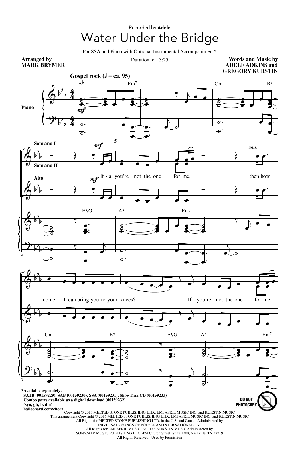 Preview Adele Water Under The Bridge (arr. Mark Brymer) Rock sheet music, notes and chords for SAB, SKU: 173917 sheet music, piano notes, chords, guitar tabs, score, transpose, transcribe, how to play, guide, download, learn, tutorial, progression, song, artist, awards, billboard, mtv, vh1, tour, single, album, release