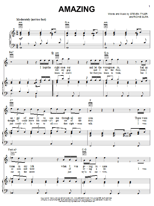 Preview Aerosmith Amazing (It's Amazing) Rock sheet music, notes and chords for Piano, Vocal & Guitar (Right-Hand Melody), SKU: 16470 Download Aerosmith Amazing (It's Amazing) sheet music and printable PDF score & Rock music notes