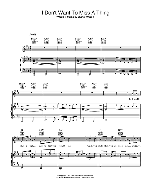 Preview Aerosmith I Don't Want To Miss A Thing Pop sheet music, notes and chords for Piano, SKU: 163567 sheet music, piano notes, chords, guitar tabs, score, transpose, transcribe, how to play, guide, download, learn, tutorial, progression, song, artist, awards, billboard, mtv, vh1, tour, single, album, release