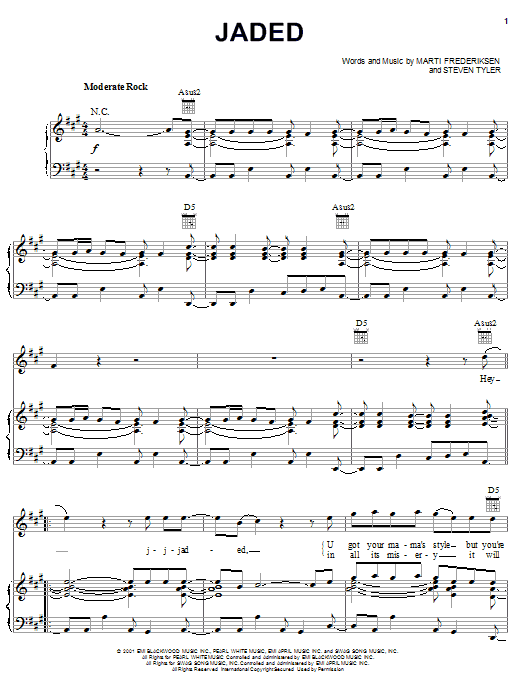 Preview Aerosmith Jaded Rock sheet music, notes and chords for Piano, Vocal & Guitar (Right-Hand Melody), SKU: 17714 sheet music, piano notes, chords, guitar tabs, score, transpose, transcribe, how to play, guide, download, learn, tutorial, progression, song, artist, awards, billboard, mtv, vh1, tour, single, album, release