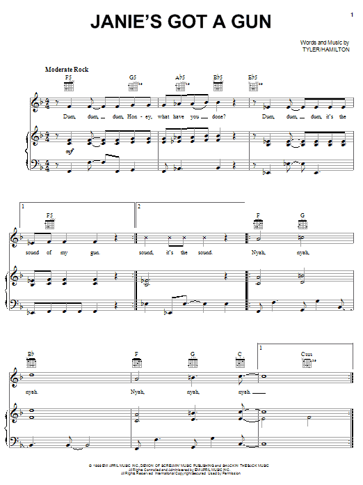 Preview Aerosmith Janie's Got A Gun Rock sheet music, notes and chords for Piano, Vocal & Guitar (Right-Hand Melody), SKU: 21431 Download Aerosmith Janie's Got A Gun sheet music and printable PDF score & Rock music notes