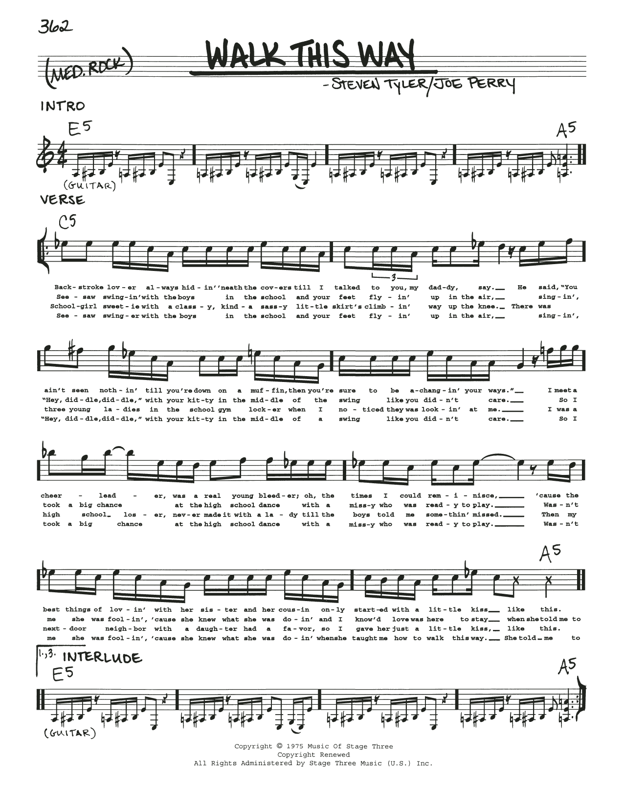 Download Aerosmith Walk This Way sheet music and printable PDF score & Rock music notes
