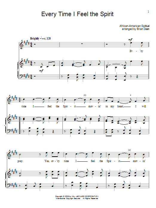 Preview African-American Spiritual Every Time I Feel The Spirit Hymn sheet music, notes and chords for Piano, Vocal & Guitar (Right-Hand Melody), SKU: 51739 Download African-American Spiritual Every Time I Feel The Spirit sheet music and printable PDF score & Hymn music notes